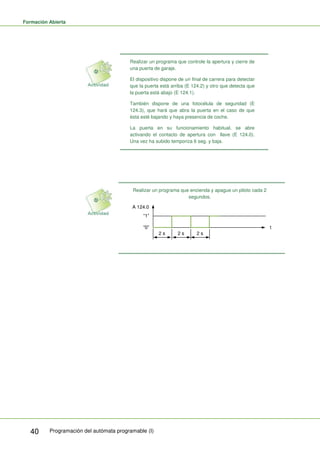 Formación Abierta
Programación del autómata programable (I)
40
Realizar un programa que controle la apertura y cierre de
una puerta de garaje.
El dispositivo dispone de un final de carrera para detectar
que la puerta está arriba (E 124.2) y otro que detecta que
la puerta está abajo (E 124.1).
También dispone de una fotocélula de seguridad (E
124.3), que hará que abra la puerta en el caso de que
ésta esté bajando y haya presencia de coche.
La puerta en su funcionamiento habitual, se abre
activando el contacto de apertura con llave (E 124.0).
Una vez ha subido temporiza 6 seg. y baja.
Realizar un programa que encienda y apague un piloto cada 2
segundos.
“1”
“0” t
A 124.0
2 s 2 s 2 s
 
