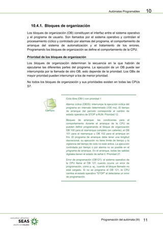 Autómatas Programables
Programación del autómata (III) 11
10
10.4.1. Bloques de organización
Los bloques de organización (OB) constituyen el interfaz entre el sistema operativo
y el programa de usuario. Son llamados por el sistema operativo y controlan el
procesamiento cíclico y controlado por alarmas del programa, el comportamiento de
arranque del sistema de automatización y el tratamiento de los errores.
Programando los bloques de organización se define el comportamiento de la CPU.
Prioridad de los bloques de organización
Los bloques de organización determinan la secuencia en la que habrán de
ejecutarse las diferentes partes del programa. La ejecución de un OB puede ser
interrumpida por la llamada de otro OB, esto depende de la prioridad. Los OBs de
mayor prioridad pueden interrumpir a los de menor prioridad.
No todos los bloques de organización y sus prioridades existen en todas las CPUs
S7.
Ciclo libre (OB1) con prioridad 1
Alarma cíclica (OB35): interrumpe la ejecución cíclica del
programa en intervalo determinado (100 ms). El tiempo
de arranque del período corresponde al cambio de
estado operativo de STOP a RUN. Prioridad 12.
Bloques de arranque: las condiciones para el
comportamiento durante el arranque de la CPU se
pueden definir programando el bloque de organización
OB 100 para el rearranque completo (en caliente), el OB
101 para el rearranque u OB 102 para el arranque en
frío. El programa de arranque debe tener una longitud
discrecional, su ejecución no tiene límite de tiempo y la
vigilancia del tiempo de ciclo no está activa. La ejecución
controlada por tiempo o por alarma no es posible en el
programa de arranque. En el arranque, todas las salidas
digitales tienen el estado de señal 0. Prioridad 27.
Error de programación (OB121): el sistema operativo de
la CPU llama el OB 121 cuando ocurre un error de
programación, como p. ej., cuando el bloque llamado no
está cargado. Si no se programa el OB 121, la CPU
cambia al estado operativo "STOP" al detectarse un error
de programación.
 