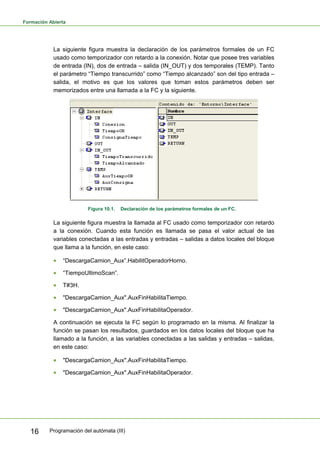 Formación Abierta
Programación del autómata (III)
16
La siguiente figura muestra la declaración de los parámetros formales de un FC
usado como temporizador con retardo a la conexión. Notar que posee tres variables
de entrada (IN), dos de entrada – salida (IN_OUT) y dos temporales (TEMP). Tanto
el parámetro “Tiempo transcurrido” como “Tiempo alcanzado” son del tipo entrada –
salida, el motivo es que los valores que toman estos parámetros deben ser
memorizados entre una llamada a la FC y la siguiente.
Figura 10.1. Declaración de los parámetros formales de un FC.
La siguiente figura muestra la llamada al FC usado como temporizador con retardo
a la conexión. Cuando esta función es llamada se pasa el valor actual de las
variables conectadas a las entradas y entradas – salidas a datos locales del bloque
que llama a la función, en este caso:
• “DescargaCamion_Aux”.HabilitOperadorHorno.
• “TiempoUltimoScan”.
• T#3H.
• "DescargaCamion_Aux".AuxFinHabilitaTiempo.
• "DescargaCamion_Aux".AuxFinHabilitaOperador.
A continuación se ejecuta la FC según lo programado en la misma. Al finalizar la
función se pasan los resultados, guardados en los datos locales del bloque que ha
llamado a la función, a las variables conectadas a las salidas y entradas – salidas,
en este caso:
• "DescargaCamion_Aux".AuxFinHabilitaTiempo.
• "DescargaCamion_Aux".AuxFinHabilitaOperador.
 