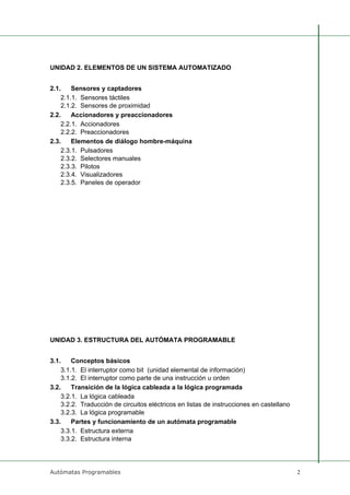 Autómatas Programables 2
UNIDAD 2. ELEMENTOS DE UN SISTEMA AUTOMATIZADO
2.1. Sensores y captadores
2.1.1. Sensores táctiles
2.1.2. Sensores de proximidad
2.2. Accionadores y preaccionadores
2.2.1. Accionadores
2.2.2. Preaccionadores
2.3. Elementos de diálogo hombre-máquina
2.3.1. Pulsadores
2.3.2. Selectores manuales
2.3.3. Pilotos
2.3.4. Visualizadores
2.3.5. Paneles de operador
UNIDAD 3. ESTRUCTURA DEL AUTÓMATA PROGRAMABLE
3.1. Conceptos básicos
3.1.1. El interruptor como bit (unidad elemental de información)
3.1.2. El interruptor como parte de una instrucción u orden
3.2. Transición de la lógica cableada a la lógica programada
3.2.1. La lógica cableada
3.2.2. Traducción de circuitos eléctricos en listas de instrucciones en castellano
3.2.3. La lógica programable
3.3. Partes y funcionamiento de un autómata programable
3.3.1. Estructura externa
3.3.2. Estructura interna
 
