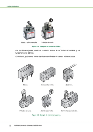 Formación Abierta
Elementos de un sistema automatizado
8
Rodillo y palanca sencilla. Palanca de rodillo.
Figura 2.1. Ejemplos de finales de carrera.
Los microinterruptores tienen un cometido similar a los finales de carrera, y un
funcionamiento idéntico.
En realidad, podríamos hablar de ellos como finales de carrera miniaturizados.
Básico. Básico de tipo botón. De lámina.
Pulsador de rueda. Con leva de rodillo. Con rodillo escamoteable.
Figura 2.2. Ejemplo de microinterruptores.
 