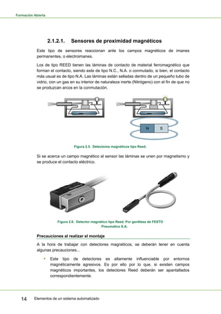 Formación Abierta
Elementos de un sistema automatizado
14
2.1.2.1. Sensores de proximidad magnéticos
Este tipo de sensores reaccionan ante los campos magnéticos de imanes
permanentes, o electroimanes.
Los de tipo REED tienen las láminas de contacto de material ferromagnético que
forman el contacto, siendo este de tipo N.C., N.A. o conmutado, si bien, el contacto
más usual es de tipo N.A. Las láminas están selladas dentro de un pequeño tubo de
vidrio, con un gas en su interior de naturaleza inerte (Nitrógeno) con el fin de que no
se produzcan arcos en la conmutación.
Figura 2.5. Detectores magnéticos tipo Reed.
Si se acerca un campo magnético al sensor las láminas se unen por magnetismo y
se produce el contacto eléctrico.
Figura 2.6. Detector magnético tipo Reed. Por gentileza de FESTO
Pneumatics S.A.
Precauciones al realizar el montaje
A la hora de trabajar con detectores magnéticos, se deberán tener en cuenta
algunas precauciones...
ƒ Este tipo de detectores es altamente influenciable por entornos
magnéticamente agresivos. Es por ello por lo que, si existen campos
magnéticos importantes, los detectores Reed deberán ser apantallados
correspondientemente.
 