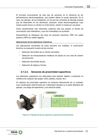 Automatas Programables
Elementos de un sistema automatizado 17
02
El principal inconveniente de este tipo de sensores es la influencia de las
perturbaciones electromagnéticas, que pueden alterar el campo generado. Es el
caso, por ejemplo, de los soldadores, en los que las corrientes de elevada energía
que se desarrollan en los electrodos, producen ondas electromagnéticas cuyo
campo puede inducir un cambio en el del sensor, similar al creado por una pieza.
Como características más relevantes, podemos citar que poseen un tiempo de
conmutación casi instantáneo, y que son insensibles a la suciedad.
Generalmente se distinguen dos tipos de sensores inductivos: PNP con salida
positiva y NPN con salida negativa.
Aplicaciones de los detectores inductivos
Las aplicaciones industriales de estos sensores son múltiples. A continuación
tenemos una pequeña muestra de las mismas:
ƒ Detección del émbolo de un cilindro neumático.
ƒ Detección de transportadoras metálicas de piezas en una cinta de cadena
de producción.
ƒ Detección del sentido de giro.
ƒ Detección de objetos y formas.
2.1.2.3. Sensores de proximidad capacitivos
Los detectores capacitivos son adecuados para detectar objetos o productos no
metálicos de cualquier tipo (papel, vidrio, plástico, líquido, etc.).
Un detector de proximidad capacitivo se compone básicamente de un oscilador
cuyo condensador está formado por 2 electrodos situados en la parte delantera del
aparato, una etapa de tratamiento y una señal de salida.
Figura 2.11. Ejemplo de sensor capacitivo y esquema de funcionamiento.
 