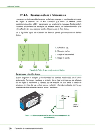 Formación Abierta
Elementos de un sistema automatizado
20
2.1.2.4. Sensores ópticos o fotosensores
Los sensores ópticos están basados en la interceptación o modificación por parte
del objeto a detectar, de un haz luminoso que lanza un emisor (diodo
electroluminiscente o LED) y es recogido por un elemento receptor (fototransistor).
Podemos encontrarlos de tres tipos: de reflexión directa, de barrera luminosa y de
retroreflexión. Un caso especial son los fotosensores de fibra óptica.
En la siguiente figura se muestran las distintas partes que componen un sensor
óptico.
1. Emisor de luz.
2. Receptor de luz.
3. Etapa de tratamiento.
4. Etapa de salida.
Figura 2.12. Partes de que consta un sensor óptico.
Sensores de reflexión directa
Suelen disponer el receptor y transformador de señales incorporado en un único
alojamiento. Funcionan mediante la emisión de un haz luminoso que es reflejado
por el objeto a reconocer y captado por el detector, el cual emite la señal de
actuación prevista. La luz emitida es una radiación infrarroja modulada, con lo que
se evitan las interferencias debidas a la luz ambiental.
Figura 2.13. Ejemplo de sensor de reflexión directa y esquema de
funcionamiento.
 
