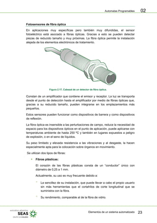 Automatas Programables
Elementos de un sistema automatizado 23
02
Fotosensores de fibra óptica
En aplicaciones muy específicas pero también muy difundidas, el sensor
fotoeléctrico está asociado a fibras ópticas. Gracias a esto se pueden detectar
piezas de reducido tamaño y muy próximas. La fibra óptica permite la instalación
alejada de los elementos electrónicos de tratamiento.
Figura 2.17. Cabezal de un detector de fibra óptica.
Constan de un amplificador que contiene el emisor y receptor. La luz se transporta
desde el punto de detección hasta el amplificador por medio de fibras ópticas que,
gracias a su reducido tamaño, pueden integrarse en los emplazamientos más
pequeños.
Estos sensores pueden funcionar como dispositivos de barrera y como dispositivos
de reflexión.
La fibra óptica es insensible a las perturbaciones de campo, reduce la necesidad de
espacio para los dispositivos ópticos en el punto de aplicación, puede aplicarse con
temperaturas ambiente de hasta 250 ºC y también en lugares expuestos a peligro
de explosión, o en el seno de líquidos.
Su peso limitado y elevada resistencia a las vibraciones y al desgaste, la hacen
especialmente apta para la colocación sobre órganos en movimiento.
Se utilizan dos tipos de fibras:
ƒ Fibras plásticas:
El corazón de las fibras plásticas consta de un “conductor” único con
diámetro de 0,25 a 1 mm.
Actualmente, su uso es muy frecuente debido a:
° La sencillez de su instalación, que puede llevar a cabo el propio usuario
sin más herramientas que el cortahílos de corte longitudinal que se
suministra con la fibra.
° Su rendimiento, comparable al de la fibra de vidrio.
 
