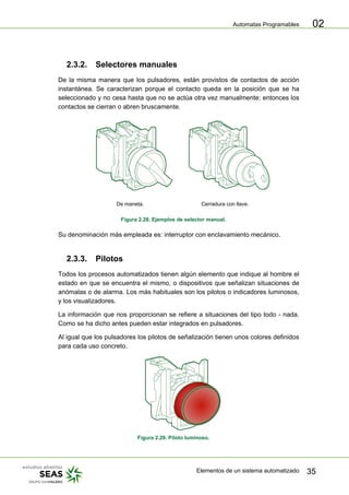 Automatas Programables
Elementos de un sistema automatizado 35
02
2.3.2. Selectores manuales
De la misma manera que los pulsadores, están provistos de contactos de acción
instantánea. Se caracterizan porque el contacto queda en la posición que se ha
seleccionado y no cesa hasta que no se actúa otra vez manualmente; entonces los
contactos se cierran o abren bruscamente.
De maneta. Cerradura con llave.
Figura 2.28. Ejemplos de selector manual.
Su denominación más empleada es: interruptor con enclavamiento mecánico.
2.3.3. Pilotos
Todos los procesos automatizados tienen algún elemento que indique al hombre el
estado en que se encuentra el mismo, o dispositivos que señalizan situaciones de
anómalas o de alarma. Los más habituales son los pilotos o indicadores luminosos,
y los visualizadores.
La información que nos proporcionan se refiere a situaciones del tipo todo - nada.
Como se ha dicho antes pueden estar integrados en pulsadores.
Al igual que los pulsadores los pilotos de señalización tienen unos colores definidos
para cada uso concreto.
Figura 2.29. Piloto luminoso.
 