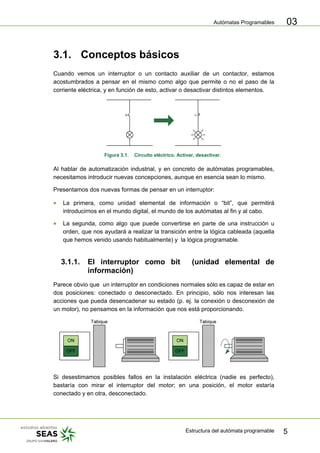 Autómatas Programables
Estructura del autómata programable 5
03
3.1. Conceptos básicos
Cuando vemos un interruptor o un contacto auxiliar de un contactor, estamos
acostumbrados a pensar en el mismo como algo que permite o no el paso de la
corriente eléctrica, y en función de esto, activar o desactivar distintos elementos.
Figura 3.1. Circuito eléctrico. Activar, desactivar.
Al hablar de automatización industrial, y en concreto de autómatas programables,
necesitamos introducir nuevas concepciones, aunque en esencia sean lo mismo.
Presentamos dos nuevas formas de pensar en un interruptor:
• La primera, como unidad elemental de información o “bit”, que permitirá
introducirnos en el mundo digital, el mundo de los autómatas al fin y al cabo.
• La segunda, como algo que puede convertirse en parte de una instrucción u
orden, que nos ayudará a realizar la transición entre la lógica cableada (aquella
que hemos venido usando habitualmente) y la lógica programable.
3.1.1. El interruptor como bit (unidad elemental de
información)
Parece obvio que un interruptor en condiciones normales sólo es capaz de estar en
dos posiciones: conectado o desconectado. En principio, sólo nos interesan las
acciones que pueda desencadenar su estado (p. ej. la conexión o desconexión de
un motor), no pensamos en la información que nos está proporcionando.
Si desestimamos posibles fallos en la instalación eléctrica (nadie es perfecto),
bastaría con mirar el interruptor del motor; en una posición, el motor estaría
conectado y en otra, desconectado.
 