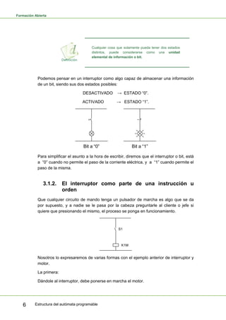 Formación Abierta
Estructura del autómata programable
6
Cualquier cosa que solamente pueda tener dos estados
distintos, puede considerarse como una unidad
elemental de información o bit.
Podemos pensar en un interruptor como algo capaz de almacenar una información
de un bit, siendo sus dos estados posibles:
DESACTIVADO → ESTADO “0”.
ACTIVADO → ESTADO “1”.
Para simplificar el asunto a la hora de escribir, diremos que el interruptor o bit, está
a “0” cuando no permite el paso de la corriente eléctrica, y a “1” cuando permite el
paso de la misma.
3.1.2. El interruptor como parte de una instrucción u
orden
Que cualquier circuito de mando tenga un pulsador de marcha es algo que se da
por supuesto, y a nadie se le pasa por la cabeza preguntarle al cliente o jefe si
quiere que presionando el mismo, el proceso se ponga en funcionamiento.
S1
K1M
Nosotros lo expresaremos de varias formas con el ejemplo anterior de interruptor y
motor.
La primera:
Dándole al interruptor, debe ponerse en marcha el motor.
 