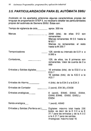 90 Autómatas Programables: programación y aplicación industrial
3.5. PARTICULARIZACIÓN PARA EL AUTÓMATA S95U
Analizado en los apartados anteriores algunas características propias del
lenguaje de programación STEP 5, es necesario detallar las particularidades
propias del autómata de Siemens S95U. Éstas son:
Tiempo de vigilancia de ciclo aprox. 300 ms
Marcas 2048 (bits), de ellas 512 son
remanentes
Marcas remanentes: M 0.0 hasta la
M63.7
Marcas no remanentes: el resto
hasta la M 255.7
Temporizadores 128, siendo su intervalo de 0,01 s a
9.990 s
Contadores_ 128, de ellos, los 8 primeros son
remanentes. Valor de cuenta de 0 a
999
Entradas y Salidas digitales 16 entradas (bits), de la E32.0 a la
E33.7
16 salidas (bits), de la A32.0 a la
A33.7
Entradas de Alarma 4 (bits), de la E34.0 a la E34.3
Entradas de Contador 2 (word), EW 36 y EW38
Entradas analógicas 8 (word), EW40, EW42, EW44,
EW46, EW48, EW50, EW52 y
EW54
Salida analógica__ 1 (word), AW40
Entradas y Salidas (Periferia ext.) Digitales: máximo total hasta 256
bytes, es decir de la E 0.0 a la E
31.7 para las entradas y de la A 0.0
a la A 31.7 para las salidas.
Analógicas: máximo total 16
 