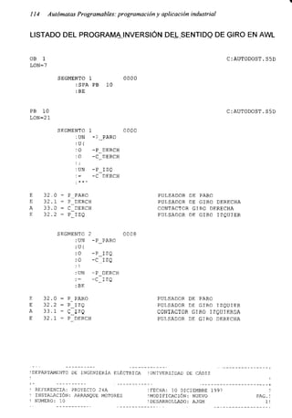 114 Autómatas Programables: programación y aplicación industrial
LISTADO DEL PROGRAMA INVERSIÓN DEL SENTIDO DE GIRO EN AWL
OB 1
L0N=7
PB 10
LON=21
C:AUTODOST.S5D
SEGMENTO 1 0000
:SPA PB 10
: BE
C:AUTODOST.S5D
SEGMENTO 1 0000
: UN - P APARO
:U ( ’
:O -P_DERCH
:O -C_DERCH
: UN -P_IZQ
:= -C DERCH
E
E
A
E
32.0
32.1
33.0
32.2
= P_PARO
- P-DERCH
= C-DERCH
- P_IZQ
PULSADOR DE PARO
PULSADOR
CONTACTOS
PULSADOR
DE GIRO DERECHA
GIRO DERECHA
DE GIRO IZQUIER
E 32.0
SEGMENTO 2 0008
:UN -P_PARO
:U(
:O -P_IZQ
:O -CIZQ
: i
:UN -P_DERCH
:= -C_IZQ
:BE
= P_ PARO PULSADOR DE PARO
E 32.2 = P_IZQ PULSADOR DE GIRO IZQUIER
A 33 . 1 - C__IZQ GONTACTOR GIRO IZQUIERDA
E 32.1 - P^DERCH PULSADOR DE GIRO DERECHA
¡DEPARTAMENTO DE INGENIERÍA ELÉCTRICA ¡UNIVERSIDAD DE CÁDIZ
REFERENCIA: PROYECTO 24A ¡FECHA: 10 DICIEMBRE 1997 !
INSTALACIÓN: ARRANQUE MOTORES ¡MODIFICACIÓN: NUEVO PAG.!
NUMERO: 10 ¡DESARROLLADO: AJGM 1!
 