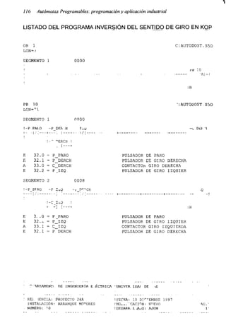 1
116 Autómatas Programables: programación y aplicación industrial
LISTADO DEL PROGRAMA INVERSIÓN DEL SENTIDO DE GIRO EN KOP
OB 1
LON= /
SEGMENTO 1
C:AUTODOST.S5D
0000
pb 10
‘•A) - !
PB 10
LON=^1
SEGMENTO 1 0000
!-P PALO -P_DER .H I¿^
+ - -j/t +-- । I--- + — ■ I / [-- +
!-~ nERCH 1
. [—+
E 32.0 = P_PARO
E 32,1 = P_DERCH
A 33.0 = C_DERCH
E 32.2 = P _IZQ
':AUTODOST. S5D
-G DEF ’F
SEGMENTO 2
!-P_PARO -P
0008
-r DrnCH
PULSADOR DE PARO
PULSADOR DE GIRO DERECHA
CONTACTOR GIRO DERECHA
PULSADOR DE GIRO IZQUIER
!-C I¿0 !
+• -] [—+
E 3. .0
E 32.^
A 33.1
E 32.1
= P _PARO
= P_IZQ
= C_IZQ
= P DERCH
: B.
PULSADOR DE PARO
PULSADOR DE GIRO IZQUIER
CONTACTOR GIRO IZQUIERDA
PULSADOR DE GIRO DERECHA
"’ARTAMENTl DE INGENIERÍA E .ÉCTRICA 1UNIVER. IDA! DE W
¡FECHA: 10 DTrTEMBRE 1997
!MO^±/“CACIÓN: N^EVO AG.
! DESARR, L AJO: AJGM 1
REE. (ENCIA: PROYECTO 24A
INSTALACIÓN: ARRANQUE MOTORES
NUMERO: 10
 