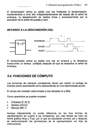 V.-Elementos de programación. El Step 5 139
El temporizador activa su salida una vez finalizada la temporización,
manteniéndola a nivel alto independientemente del estado de la señal de
arranque, la desactivación se realiza única y exclusivamente por la
activación de la señal de puesta a cero.
RETARDO A LA DESCONEXIÓN (SA):
El temporizador activa su salida una vez se arranca y la desactiva
transcurrido un tiempo prefijado después de que se desactive la señal de
arranque.
3.4. FUNCIONES DE CÓMPUTO
Las funciones de cómputo (contadores) tienen por misión el contaje de
eventos (tanto ascendente como descendente) en una determinada acción.
El campo del contador esta limitado a tres décadas (0 a 999).
Como operandos se pueden emplear'
• Entradas (E 32.2)
• Salidas (A33.0)
• Marcas (M5.7)
Aunque básicamente no existe diferencia en las tres formas de
representación en cuanto a los contadores; son más fáciles de intuir de
forma gráfica (Kop y Fup), por lo que se estudiarán primero así y después
se particularizarán los pormenores de la representación en lista de
instrucciones.
 