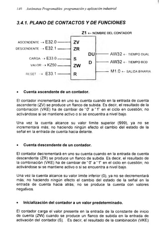140 Autómatas Programables: programación y aplicación industrial
3.4.1. PLANO DE CONTACTOS Y DE FUNCIONES
Z1 <- NOMBRE DEL CONTADOR
ASCENDENTE -> E32.0----------' ZV
DESCENDENTE -> E32.1 .---- ---- ZR
DU ------------ AW32 <- TIEMPO DUAL
CARGA > E33 0 Q
O
D ------------AW32 <- TIEMPO BCD
VALOR > KZ50 ------------ ZW
MI 0 /_ QAI IDA RIMARIA
RESET > E33.1 ---------- R
• Cuenta ascendente de un contador.
El contador incrementará en uno su cuenta cuando en la entrada de cuenta
ascendente (ZV) se produce un flanco de subida. Es decir, el resultado de la
combinación (VKE) ha de cambiar de “0’ a “1” en el ciclo en cuestión; no
activándose si se mantiene activo o si se encuentra a nivel bajo.
Una vez la cuenta alcance su valor límite superior (999), ya no se
incrementará más; no haciendo ningún efecto el cambio del estado de la
señal en la entrada de cuenta hacia delante.
• Cuenta descendente de un contador.
El contador decrementará en uno su cuenta cuando en la entrada de cuenta
descendente (ZR) se produce un flanco de subida. Es decir, el resultado de
la combinación (VKE) ha de cambiar de “0’ a “ 1" en el ciclo en cuestión; no
activándose si se mantiene activo o si se encuentra a nivel bajo.
Una vez la cuenta alcance su valor limite inferior (0), ya no se decrementará
más; no haciendo ningún efecto el cambio del estado de la señal en la
entrada de cuenta hacia atrás; no se produce la cuenta con valores
negativos.
• Inicialización del contador a un valor predeterminado.
El contador carga el valor presente en la entrada de la constante de inicio
de cuenta (ZW) cuando se produce un flanco de subida en la entrada de
activación del contador (S). . Es decir, el resultado de la combinación (VKE)
 
