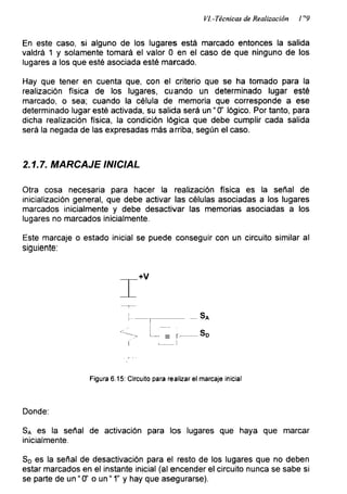 VI.-Técnicas de Realización
En este caso, si alguno de los lugares está marcado entonces la salida
valdrá 1 y solamente tomará el valor 0 en el caso de que ninguno de los
lugares a los que esté asociada esté marcado.
Hay que tener en cuenta que, con el criterio que se ha tomado para la
realización física de los lugares, cuando un determinado lugar esté
marcado, o sea; cuando la célula de memoria que corresponde a ese
determinado lugar esté activada, su salida será un “ Ó' lógico. Por tanto, para
dicha realización física, la condición lógica que debe cumplir cada salida
será la negada de las expresadas más arriba, según el caso.
2.1.7. MARCAJE INICIAL
Otra cosa necesaria para hacer la realización física es la señal de
inicialización general, que debe activar las células asociadas a los lugares
marcados inicialmente y debe desactivar las memorias asociadas a los
lugares no marcados inicialmente.
Este mareaje o estado inicial se puede conseguir con un circuito similar al
siguiente:
+v
'SA
‘ — = (■------SD
¡ —i
Figura 6.15: Circuito para realizar el mareaje inicial
Donde:
SA es la señal de activación para los lugares que haya que marcar
inicialmente.
SD es la señal de desactivación para el resto de los lugares que no deben
estar marcados en el instante inicial (al encender el circuito nunca se sabe si
se parte de un “ 0’ o un “ 1" y hay que asegurarse).
 