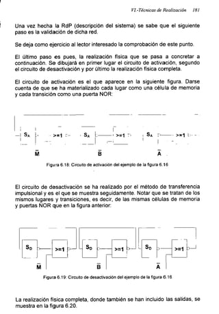 F
VI.-Técnicas de Realización 181
Una vez hecha la RdP (descripción del sistema) se sabe que el siguiente
paso es la validación de dicha red.
Se deja como ejercicio al lector interesado la comprobación de este punto.
El último paso es pues, la realización física que se pasa a concretar a
continuación. Se dibujará en primer lugar el circuito de activación, segundo
el circuito de desactivación y por último la realización física completa.
El circuito de activación es el que aparece en la siguiente figura. Darse
cuenta de que se ha materializado cada lugar como una célula de memoria
y cada transición como una puerta ÑOR:
Figura 6.18: Circuito de activación del ejemplo de la figura 6.16
El circuito de desactivación se ha realizado por el método de transferencia
impulsional y es el que se muestra seguidamente. Notar que se tratan de los
mismos lugares y transiciones, es decir, de las mismas células de memoria
y puertas ÑOR que en la figura anterior:
Figura 6.19: Circuito de desactivación del ejemplo de la figura 6.16
La realización física completa, donde también se han incluido las salidas, se
muestra en la figura 6.20.
 