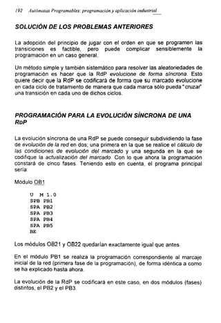 / 92 Autómatas Programables: programación y aplicación industrial
SOLUCIÓN DE LOS PROBLEMAS ANTERIORES
La adopción del principio de jugar con el orden en que se programen las
transiciones es factible, pero puede complicar sensiblemente la
programación en un caso general.
Un método simple y también sistemático para resolver las aleatoriedades de
programación es hacer que la RdP evolucione de forma síncrona. Esto
quiere decir que la RdP se codificará de forma que su marcado evolucione
en cada ciclo de tratamiento de manera que cada marca sólo pueda “ cruzar1’
una transición en cada uno de dichos ciclos.
PROGRAMACIÓN PARA LA EVOLUCIÓN SÍNCRONA DE UNA
RdP
La evolución síncrona de una RdP se puede conseguir subdividiendo la fase
de evolución de la red en dos; una primera en la que se realice el cálculo de
las condiciones de evolución del marcado y una segunda en la que se
codifique la actualización del marcado. Con lo que ahora la programación
constará de cinco fases. Teniendo esto en cuenta, el programa principal
sería:
Módulo OB1
u m 1.0
SPB PB1
SPA PB2
SPA PB3
SPA PB4
SPA PB5
BE
Los módulos OB21 y OB22 quedarían exactamente igual que antes.
En el módulo PB1 se realiza la programación correspondiente al mareaje
inicial de la red (primera fase de la programación), de forma idéntica a como
se ha explicado hasta ahora.
La evolución de la RdP se codificará en este caso, en dos módulos (fases)
distintos, el PB2 y el PB3.
 
