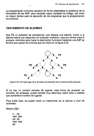 VI.-Técnicas de Realización 197
La programación síncrona resuelve de forma sistemática el problema de la
simulación de las RdP, pero necesita mayor cantidad de código, así como
un mayor tiempo para la ejecución de los programas que la programación
no-síncrona.
TRATAMIENTO DE ALARMAS
Sea PE un pulsador de emergencia, que dispara una alarma. Como a la
alarma habría que responder en cualquier momento, vaya por donde vaya el
proceso, entonces para hacer la descripción funcional mediante una RdP se
tendría que operar de la forma que se indica en la figura 6.25.
Figura 6.25: De cada lugar de la red sale una transición con el mismo evento asociado
Si no hay un número elevado de lugares, esta forma de proceder es
correcta; sin embargo, puede resultar muy laboriosa, sobre todo a medida
que aumenta el número de lugares.
Para evitar esto, se puede hacer un tratamiento de la alarma a nivel de
autómata:
Módulo OB1:
u PE
SPB PB1
UN PE
SPB PB2
BE
 