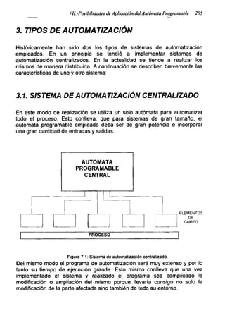 Vil.-Posibilidades de Aplicación del Autómata Programable 205
3. TIPOS DE AUTOMATIZACIÓN
Históricamente han sido dos los tipos de sistemas de automatización
empleados. En un principio se tendió a implementar sistemas de
automatización centralizados. En la actualidad se tiende a realizar los
mismos de manera distribuida. A continuación se describen brevemente las
características de uno y otro sistema:
3.1. SISTEMA DE AUTOMATIZACIÓN CENTRALIZADO
En este modo de realización se utiliza un solo autómata para automatizar
todo el proceso. Esto conlleva, que para sistemas de gran tamaño, el
autómata programable empleado deba ser de gran potencia e incorporar
una gran cantidad de entradas y salidas.
ELEMENTOS
DE
CAMPO
PROCESO
Figura 7.1: Sistema de automatización centralizado.
Del mismo modo el programa de automatización será muy extenso y por lo
tanto su tiempo de ejecución grande. Esto mismo conlleva que una vez
implementado el sistema y realizado el programa sea complicado la
modificación o ampliación del mismo porque llevaría consigo no solo la
modificación de la parte afectada sino también de todo su entorno.
 