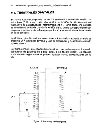 12 Autómatas Programadles: programación y aplicación industrial
6.1. TERMINALES DIGITALES
Estas entradas/salidas pueden tomar únicamente dos valores de tensión: un
valor bajo (0 V) y otro valor alto igual a la tensión de alimentación del
dispositivo de entrada/salida (normalmente 24 V). Por lo tanto una entrada
se considerará activada cuando la tensión de su borne correspondiente con
respecto a un borne de referencia sea 24 V, y se considerará desactivada
en caso contrario.
Igualmente, para las salidas, se considerará una salida activada cuando se
presente 24 V entre ese terminal y uno de referencia, y desactivada cuando
aparezcan 0 V.
De forma general, las entradas binarias (0 o 1) se suelen agrupar formando
estructuras de palabras de 8 bits (byte), o de 16 bits (word). En algunos
autómatas de la gama alta se pueden agrupar incluso en estructuras de 32
bits.
24 v
Figura 1.6: Entradas y salidas digitales.
 