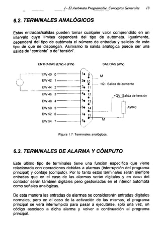 I - ElAutómata Programable. Conceptos Generales 13
6.2. TERMINALES ANALÓGICOS
Estas entradas/salidas pueden tomar cualquier valor comprendido en un
intervalo cuyo limites dependerá del tipo de autómata. Igualmente,
dependerá del tipo de autómata el número de entradas y salidas de este
tipo de que se dispongan. Asimismo la salida analógica puede ser una
salida de “ corriente” o de “ tensión”.
ENTRADAS (EW) o (PW) SALIDAS (AW)
TW40
EW42
EW 44
EW 46
EW 48
EW50
EW 52
EW 54
M
10
• ----- +QI Salida de corriente
11
+QV Salida de tensión
AW40
T
Figura 17: Terminales analógicos.
6.3. TERMINALES DE ALARMA Y CÓMPUTO
Este último tipo de terminales tiene una función específica que viene
relacionada con operaciones debidas a alarmas (interrupción del programa
principal) y contaje (computo). Por lo tanto estos terminales serán siempre
entradas que en el caso de las alarmas serán digitales y en caso del
contador serán también digitales pero gestionadas en el interior autómata
como señales analógicas.
De esta manera las entradas de alarmas se considerarán entradas digitales
normales, pero en el caso de la activación de las mismas, el programa
principal se verá interrumpido para pasar a ejecutarse, solo una vez, un
código asociado a dicha alarma y volver a continuación al programa
principal.
 