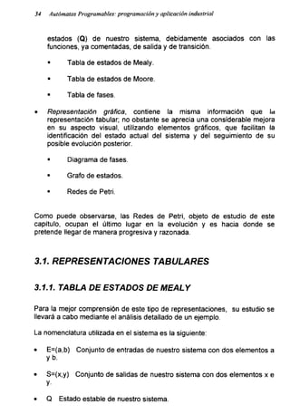 34 Autómatas Programables: programacióny aplicación industrial
estados (Q) de nuestro sistema, debidamente asociados con las
funciones, ya comentadas, de salida y de transición.
■ Tabla de estados de Mealy.
■ Tabla de estados de Moore.
■ Tabla de fases.
• Representación gráfica, contiene la misma información que la
representación tabular; no obstante se aprecia una considerable mejora
en su aspecto visual, utilizando elementos gráficos, que facilitan la
identificación del estado actual del sistema y del seguimiento de su
posible evolución posterior.
■ Diagrama de fases.
* Grafo de estados.
■ Redes de Petri.
Como puede observarse, las Redes de Petri, objeto de estudio de este
capítulo, ocupan el último lugar en la evolución y es hacia donde se
pretende llegar de manera progresiva y razonada.
3.1. REPRESENTACIONES TABULARES
3.1.1. TABLA DE ESTADOS DE MEALY
Para la mejor comprensión de este tipo de representaciones, su estudio se
llevará a cabo mediante el análisis detallado de un ejemplo.
La nomenclatura utilizada en el sistema es la siguiente:
• E=(a,b) Conjunto de entradas de nuestro sistema con dos elementos a
y b.
• S=(x,y) Conjunto de salidas de nuestro sistema con dos elementos x e
y
• Q Estado estable de nuestro sistema.
 