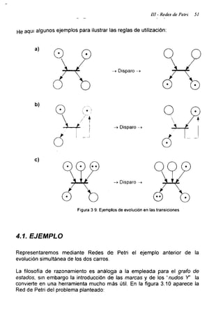 111 - Redes de Petri 51
He aquí algunos ejemplos para ¡lustrar las reglas de utilización:
Figura 3 9: Ejemplos de evolución en las transiciones
4.1. EJEMPLO
Representaremos mediante Redes de Petri el ejemplo anterior de la
evolución simultánea de los dos carros.
La filosofía de razonamiento es análoga a la empleada para el grafo de
estados, sin embargo la introducción de las marcas y de los ‘nudos Y’ la
convierte en una herramienta mucho más útil. En la figura 3.10 aparece la
Red de Petri del problema planteado:
 