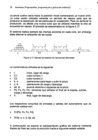 58 Autómatas Programables: programacióny aplicación industrial
La pinza vuelve vacía hacia la posición inicial comenzando un nuevo ciclo.
La cuba recién utilizada necesita un período de reposo para que se
produzca la deposición de las partículas en suspensión. Para no demorar la
producción, se añade una nueva cuba que se utilizará mientras la otra se
encuentra en reposo. El proceso se esquematiza en la figura 3.17.
El sistema realiza siempre las mismas acciones en cada ciclo, sin embargo
debe alternar la utilización de las cubas.
Figura 3.17: Ejemplo de sistema con secuencias alternadas.
La nomenclatura utilizada es la siguiente:
• I: inicio, lugar de carga.
• C1: cuba numeral.
• C2: cuba número 2.
• b, s: operaciones para bajar y subir la pinza.
• c, d: operaciones de carga y descarga.
• ad, ai: avance derecha e izquierda de la pinza.
• Fb, Fs, Fe, Fd: sensores que señalan el final de la bajada, subida,
carga y descarga.
• F: final, lugar de descarga.
Los respectivos conjuntos de entradas y salidas del automatismo que se
pretende realizar son:
• E=[Fb, Fs, Fe, Fd],
• S=[b, s, c, d, ad, ai].
A continuación se expone la representación gráfica del sistema mediante
Redes de Petri así como la evolución hacia el siguiente estado estable.
 