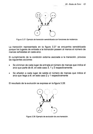 ¡II.- Redes de Petri 63
Figura 3.27: Ejemplo de transición sensibilizada con funciones de incidencia.
La transición representada en la figura 3.27 se encuentra sensibilizada
porque los lugares de entrada a la transición poseen al menos el número de
marcas señaladas en cada arco.
El cumplimiento de la condición externa asociada a la transición, provoca
las siguientes acciones:
• Se eliminan de cada lugar de entrada el número de marcas que indica el
arco que parte de él, en este caso 3, 1 y 2 respectivamente.
• Se añaden a cada lugar de salida el número de marcas que indica el
arco que llega a él, en este caso 2 y 1 respectivamente
El resultado de la evolución se expresa en la figura 3.28:
Figura 3.28: Ejemplo de evolución de una transición.
 