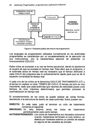 82 Autómatas Programadles: programacióny aplicación industrial
Figura 4.1 :Esquema gráfico del entorno de programación
Los lenguajes de programación utilizados normalmente en los autómatas
programables se caracterizan por un encadenamiento en la ejecución de
sus instrucciones, con la característica esencial de presentar un
funcionamiento CÍCLICO.
Estos ciclos se procesan a su vez de forma secuencial, dando la apariencia
al usuario de que se procesa en tiempo real. Para decir que el programa, o
el autómata actúa en tiempo real es necesario que el tiempo dedicado a
cada CICLO del programa sea lo suficientemente rápido para que se dé la
situación comentada de tiempo real.
A cada uno de los ciclos se le denomina CICLO DE TRATAMIENTO (CT) y
al tiempo en realizar un ciclo; TIEMPO DE CICLO. El tiempo de ciclo es muy
importante, dado que cada autómata (por razones de velocidad) posee unos
tiempos de ciclo máximos determinados que permitan procesar la
automatización en tiempo real.
El encadenamiento de los ciclos se puede realizar de varias formas,
atendiendo a la estructura de diseño de cada autómata. Estos pueden ser:
DIRECTO: En este caso, justo al terminar un ciclo de tratamiento
comienza el siguiente.
SÍNCRONO: Un reloj externo lanza los ciclos de tratamiento
periódicamente cada cierto tiempo.
AUTOSINCRONIZADO: Los ciclos de tratamientos son lanzados solamente
cuando, habiéndose terminado el ciclo anterior, se
detecta por hardware externo un cambio de estado
en alguna de las variables de entrada.
 