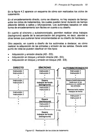 IV. - Principios de Programación 83
En la figura 4.2 aparece un esquema de cómo son realizados los ciclos de
tratamiento.
En el encadenamiento directo, como se observa, no hay espacio de tiempo
entre los ciclos de tratamientos, los cuales pueden tener duración de tiempo
diferente debido a saltos y bifurcaciones. Los autómatas basados en esta
forma de encadenamiento son fáciles en cuanto a su diseño.
En cuanto al síncrono y autosincronizado, permiten realizar otros trabajos
(background) aparte de la secuenciación del programa,, es decir, atender a
otras tareas que pudieran tener encomendadas en su diseño de hardware.
Otro aspecto, en cuanto a diseño de los autómatas a destacar, es cómo
realizan la adquisición de las entradas y emisión de las salidas. Desde este
punto de vista se pueden clasificar en tres tipos:
• Adquisición y emisión directa (AD - ED).
• Adquisición en bloque y emisión directa (AB - ED).
• Adquisición en bloque y emisión en bloque (AB - EB).
DIRECTO
Instrucción 1
Instrucción 2
SÍNCRONO
Instrucción 1
Instrucción 2
Instrucción 1
Instrucción 2
Espera
trabajos de fondo
(background)
Instrucción 1
Instrucción 2
Instrucción 1
Instrucción 2
Espera
(background)
Instrucción 1
Instrucción 2
t ms
AUTOSINCRONIZADO
Instrucción 1
Instrucción 2
Espera indefinidamente
hasta que no se
produzca un cambio en
las entradas
Mientras tanto realiza
trabajos de fondo
Instrucción 1
Instrucción 2
Espera
trabajos de fondo
(background)
Figura 4.2: Realización de los ciclos de tratamiento
 