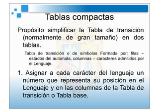 Tablas compactas
Propósito simplificar la Tabla de transición
  (normalmente de gran tamaño) en dos
  tablas.
  Tabla de t...