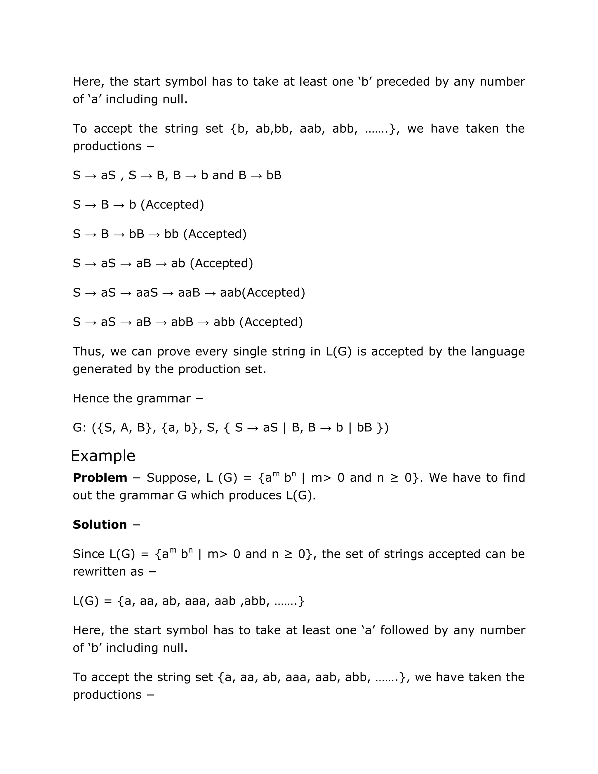 Here, the start symbol has to take at least one „b‟ preceded by any number
of „a‟ including null.
To accept the string set {b, ab,bb, aab, abb, …….}, we have taken the
productions −
S → aS , S → B, B → b and B → bB
S → B → b (Accepted)
S → B → bB → bb (Accepted)
S → aS → aB → ab (Accepted)
S → aS → aaS → aaB → aab(Accepted)
S → aS → aB → abB → abb (Accepted)
Thus, we can prove every single string in L(G) is accepted by the language
generated by the production set.
Hence the grammar −
G: ({S, A, B}, {a, b}, S, { S → aS | B, B → b | bB })
Example
Problem − Suppose, L (G) = {am
bn
| m> 0 and n ≥ 0}. We have to find
out the grammar G which produces L(G).
Solution −
Since L(G) = {am
bn
| m> 0 and n ≥ 0}, the set of strings accepted can be
rewritten as −
L(G) = {a, aa, ab, aaa, aab ,abb, …….}
Here, the start symbol has to take at least one „a‟ followed by any number
of „b‟ including null.
To accept the string set {a, aa, ab, aaa, aab, abb, …….}, we have taken the
productions −
 