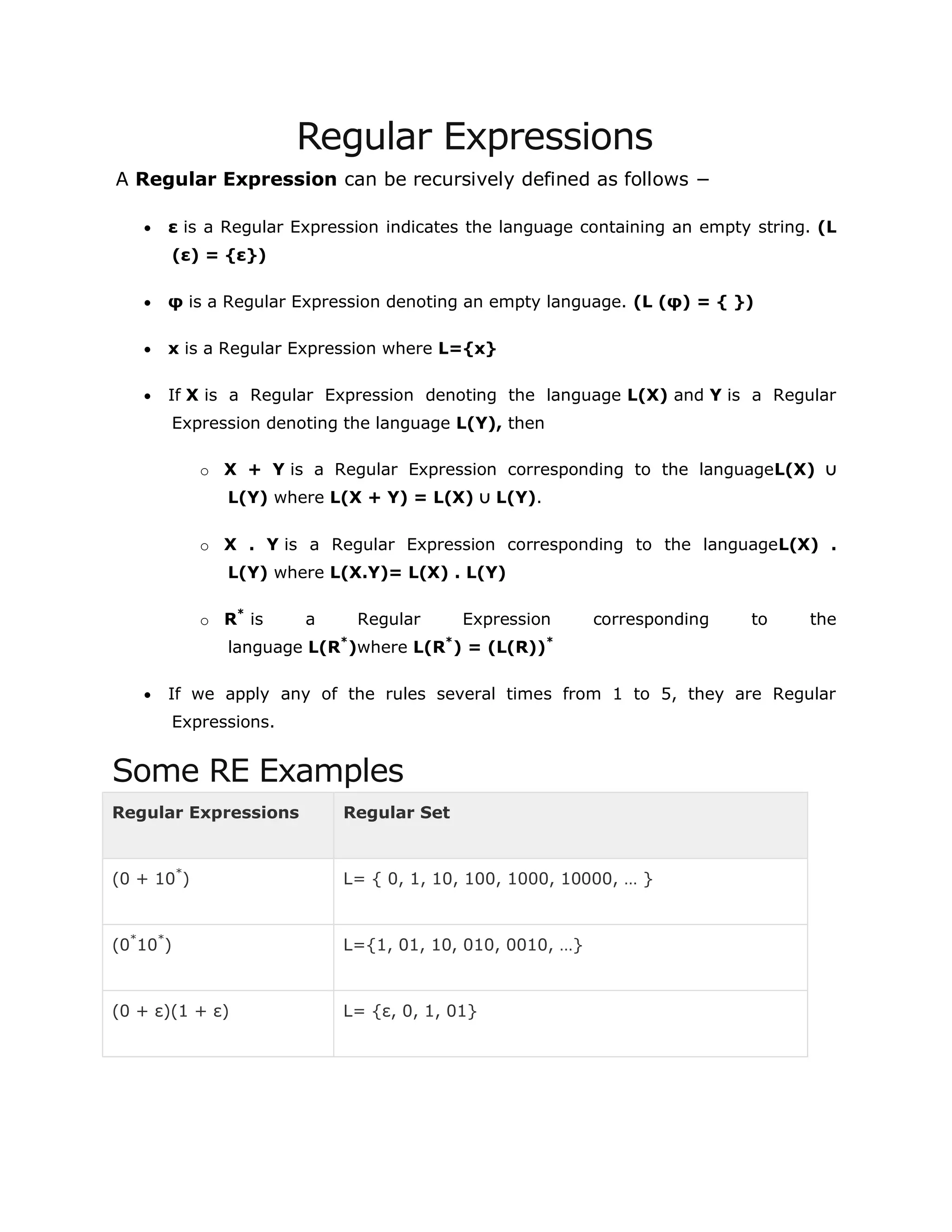 Regular Expressions
A Regular Expression can be recursively defined as follows −
 ε is a Regular Expression indicates the language containing an empty string. (L
(ε) = {ε})
 φ is a Regular Expression denoting an empty language. (L (φ) = { })
 x is a Regular Expression where L={x}
 If X is a Regular Expression denoting the language L(X) and Y is a Regular
Expression denoting the language L(Y), then
o X + Y is a Regular Expression corresponding to the languageL(X) ∪
L(Y) where L(X + Y) = L(X) ∪ L(Y).
o X . Y is a Regular Expression corresponding to the languageL(X) .
L(Y) where L(X.Y)= L(X) . L(Y)
o R*
is a Regular Expression corresponding to the
language L(R*
)where L(R*
) = (L(R))*
 If we apply any of the rules several times from 1 to 5, they are Regular
Expressions.
Some RE Examples
Regular Expressions Regular Set
(0 + 10*
) L= { 0, 1, 10, 100, 1000, 10000, … }
(0*
10*
) L={1, 01, 10, 010, 0010, …}
(0 + ε)(1 + ε) L= {ε, 0, 1, 01}
 