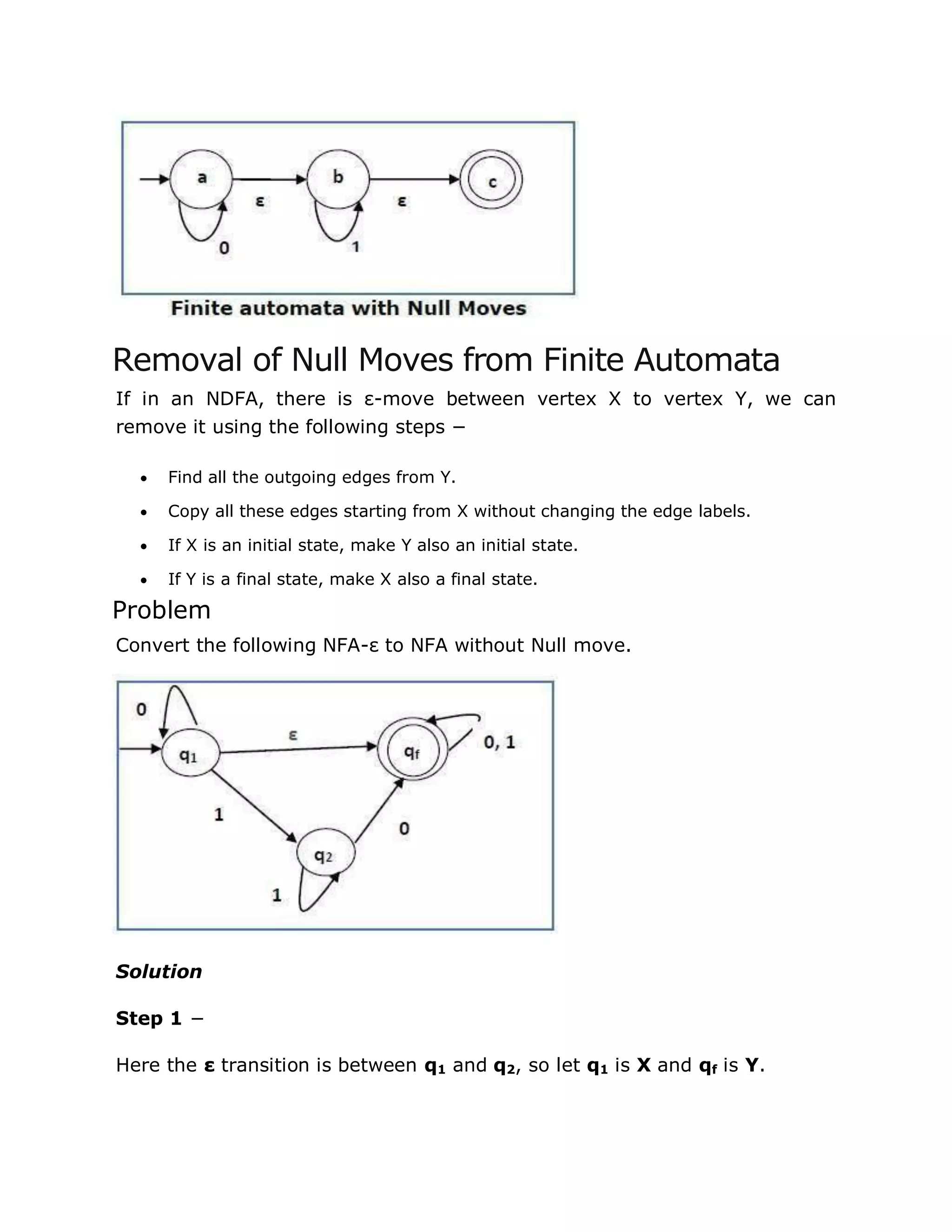 Removal of Null Moves from Finite Automata
If in an NDFA, there is ε-move between vertex X to vertex Y, we can
remove it using the following steps −
 Find all the outgoing edges from Y.
 Copy all these edges starting from X without changing the edge labels.
 If X is an initial state, make Y also an initial state.
 If Y is a final state, make X also a final state.
Problem
Convert the following NFA-ε to NFA without Null move.
Solution
Step 1 −
Here the ε transition is between q1 and q2, so let q1 is X and qf is Y.
 