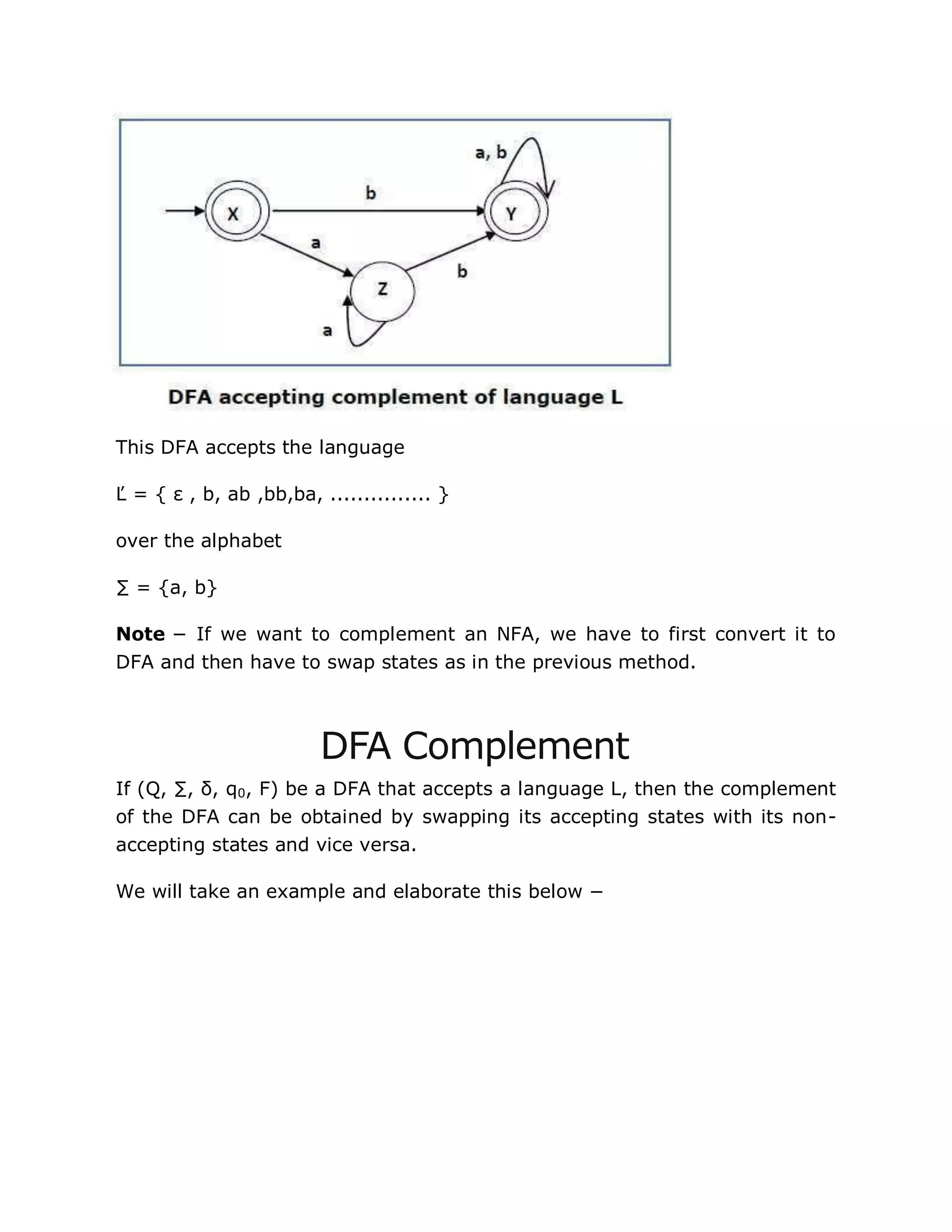 This DFA accepts the language
Ľ = { ε , b, ab ,bb,ba, ............... }
over the alphabet
∑ = {a, b}
Note − If we want to complement an NFA, we have to first convert it to
DFA and then have to swap states as in the previous method.
DFA Complement
If (Q, ∑, δ, q0, F) be a DFA that accepts a language L, then the complement
of the DFA can be obtained by swapping its accepting states with its non-
accepting states and vice versa.
We will take an example and elaborate this below −
 