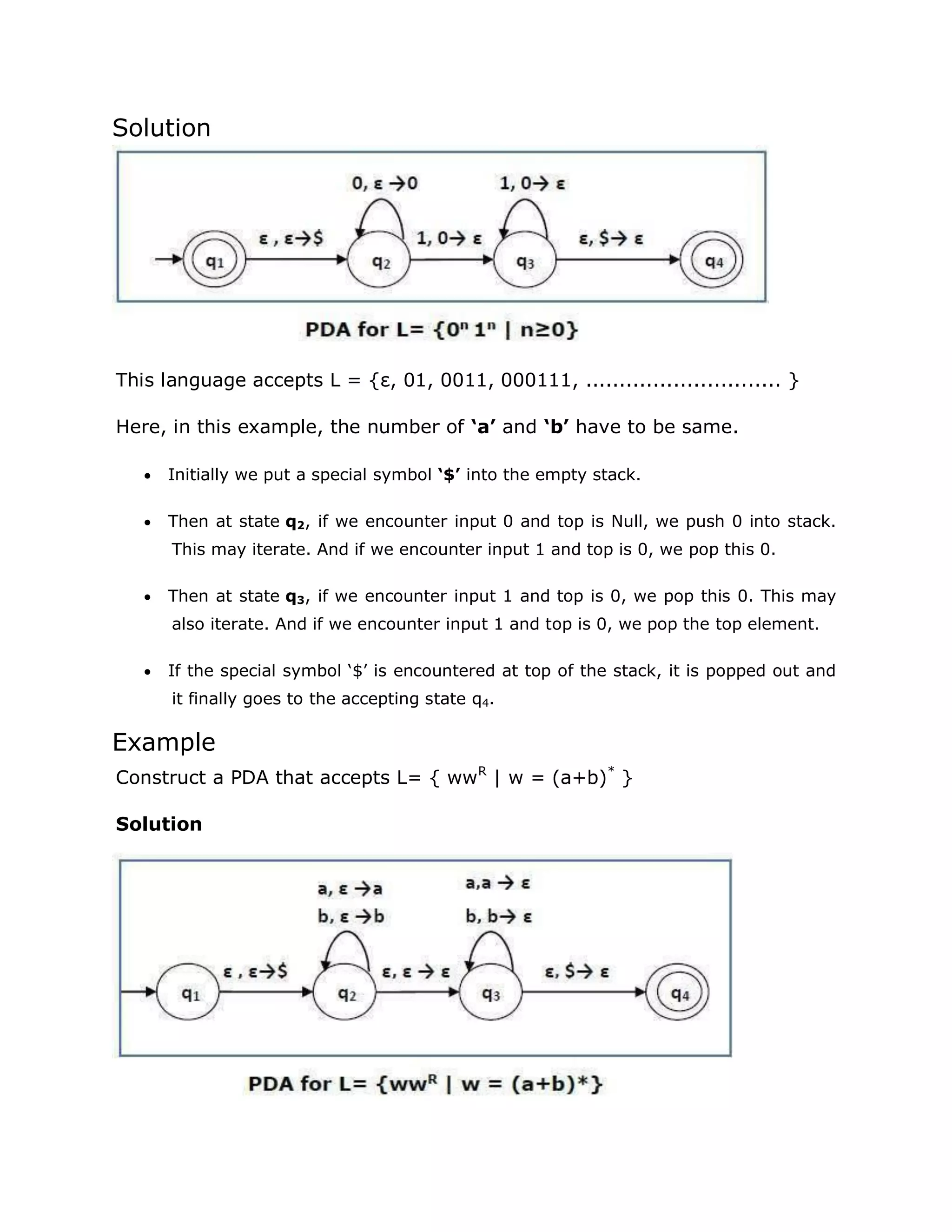 Solution
This language accepts L = {ε, 01, 0011, 000111, ............................. }
Here, in this example, the number of ‘a’ and ‘b’ have to be same.
 Initially we put a special symbol ‘$’ into the empty stack.
 Then at state q2, if we encounter input 0 and top is Null, we push 0 into stack.
This may iterate. And if we encounter input 1 and top is 0, we pop this 0.
 Then at state q3, if we encounter input 1 and top is 0, we pop this 0. This may
also iterate. And if we encounter input 1 and top is 0, we pop the top element.
 If the special symbol „$‟ is encountered at top of the stack, it is popped out and
it finally goes to the accepting state q4.
Example
Construct a PDA that accepts L= { wwR
| w = (a+b)*
}
Solution
 