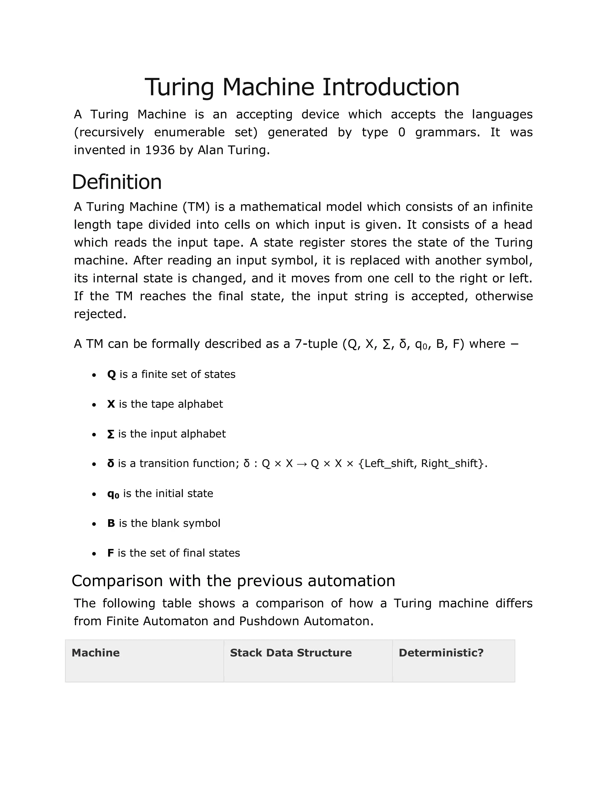 Turing Machine Introduction
A Turing Machine is an accepting device which accepts the languages
(recursively enumerable set) generated by type 0 grammars. It was
invented in 1936 by Alan Turing.
Definition
A Turing Machine (TM) is a mathematical model which consists of an infinite
length tape divided into cells on which input is given. It consists of a head
which reads the input tape. A state register stores the state of the Turing
machine. After reading an input symbol, it is replaced with another symbol,
its internal state is changed, and it moves from one cell to the right or left.
If the TM reaches the final state, the input string is accepted, otherwise
rejected.
A TM can be formally described as a 7-tuple (Q, X, ∑, δ, q0, B, F) where −
 Q is a finite set of states
 X is the tape alphabet
 ∑ is the input alphabet
 δ is a transition function; δ : Q × X → Q × X × {Left_shift, Right_shift}.
 q0 is the initial state
 B is the blank symbol
 F is the set of final states
Comparison with the previous automation
The following table shows a comparison of how a Turing machine differs
from Finite Automaton and Pushdown Automaton.
Machine Stack Data Structure Deterministic?
 