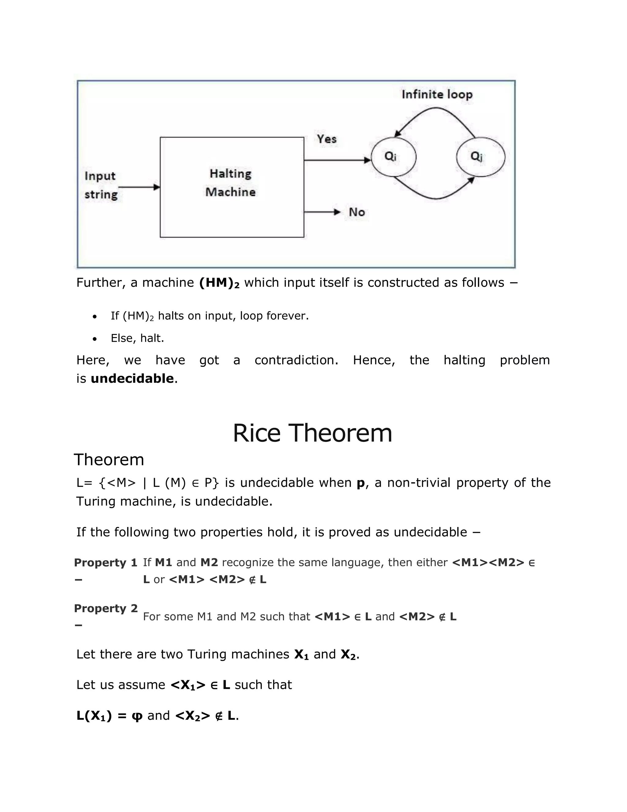 Further, a machine (HM)2 which input itself is constructed as follows −
 If (HM)2 halts on input, loop forever.
 Else, halt.
Here, we have got a contradiction. Hence, the halting problem
is undecidable.
Rice Theorem
Theorem
L= {<M> | L (M) ∈ P} is undecidable when p, a non-trivial property of the
Turing machine, is undecidable.
If the following two properties hold, it is proved as undecidable −
Property 1
−
If M1 and M2 recognize the same language, then either <M1><M2> ∈
L or <M1> <M2> ∉ L
Property 2
−
For some M1 and M2 such that <M1> ∈ L and <M2> ∉ L
Let there are two Turing machines X1 and X2.
Let us assume <X1> ∈ L such that
L(X1) = φ and <X2> ∉ L.
 