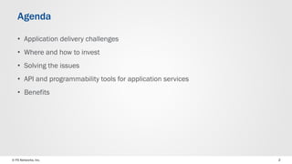 © F5 Networks, Inc. 
2 
•Application delivery challenges 
•Where and how to invest 
•Solving the issues 
•API and programmability tools for application services 
•Benefits 
Agenda  