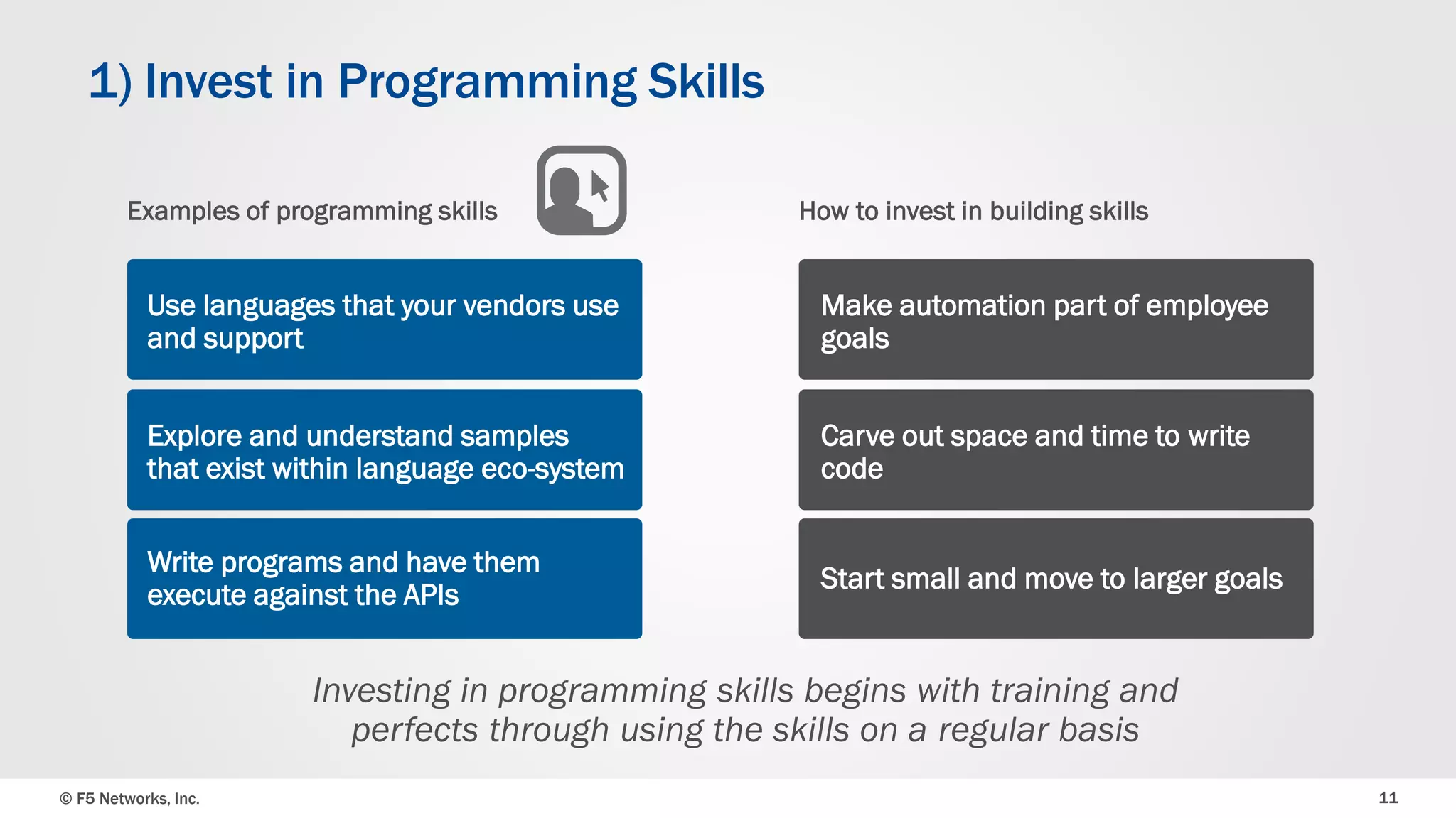 © F5 Networks, Inc. 
11 
1) Invest in Programming Skills 
How to invest in building skills 
Make automation part of employee goals 
Carve out space and time to write code 
Start small and move to larger goals 
Investing in programming skills begins with training and perfects through using the skills on a regular basis 
Examples of programming skills 
Use languages that your vendors use and support 
Explore and understand samples that exist within language eco-system 
Write programs and have them execute against the APIs  