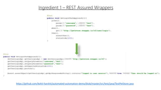 Ingredient 1 – REST Assured Wrappers
https://github.com/kohli-harshit/automated-automation-demo/blob/master/src/test/java/TestPetStore.java
 