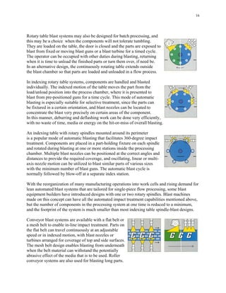 16
Rotary table blast systems may also be designed for batch processing, and
this may be a choice when the components will not tolerate tumbling.
They are loaded on the table, the door is closed and the parts are exposed to
blast from fixed or moving blast guns or a blast turbine for a timed cycle.
The operator can be occupied with other duties during blasting, returning
when it is time to unload the finished parts or turn them over, if need be.
In an alternative design, the continuously rotating table extends outside
the blast chamber so that parts are loaded and unloaded in a flow process.
In indexing rotary table systems, components are handled and blasted
individually. The indexed motion of the table moves the part from the
load/unload position into the process chamber, where it is presented to
blast from pre-positioned guns for a time cycle. This mode of automatic
blasting is especially suitable for selective treatment, since the parts can
be fixtured in a certain orientation, and blast nozzles can be located to
concentrate the blast very precisely on certain areas of the component.
In this manner, deburring and deflashing work can be done very efficiently,
with no waste of time, media or energy on the hit-or-miss of overall blasting.
An indexing table with rotary spindles mounted around its perimeter
is a popular mode of automatic blasting that facilitates 360-degree impact
treatment. Components are placed in a part-holding fixture on each spindle
and rotated during blasting at one or more stations inside the processing
chamber. Multiple blast nozzles can be positioned at the correct angles and
distances to provide the required coverage, and oscillating, linear or multi-
axis nozzle motion can be utilized to blast similar parts of various sizes
with the minimum number of blast guns. The automatic blast cycle is
normally followed by blow-off at a separate index station.
With the reorganization of many manufacturing operations into work cells and rising demand for
lean automated blast systems that are tailored for single-piece flow processing, some blast
equipment builders have introduced designs with one or two rotary spindles. Blast machines
made on this concept can have all the automated impact treatment capabilities mentioned above,
but the number of components in the processing system at one time is reduced to a minimum,
and the footprint of the system is much smaller than most indexing table spindle-blast designs.
Conveyor blast systems are available with a flat belt or
a mesh belt to enable in-line impact treatment. Parts on
the flat belt can travel continuously at an adjustable
speed or in indexed motion, with blast nozzles or
turbines arranged for coverage of top and side surfaces.
The mesh belt design enables blasting from underneath
when the belt material can withstand the potentially
abrasive effect of the media that is to be used. Roller
conveyor systems are also used for blasting long parts.
 