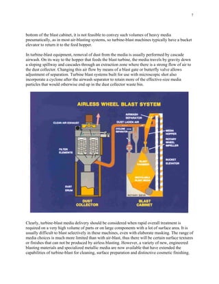7
bottom of the blast cabinet, it is not feasible to convey such volumes of heavy media
pneumatically, as in most air-blasting systems, so turbine-blast machines typically have a bucket
elevator to return it to the feed hopper.
In turbine-blast equipment, removal of dust from the media is usually performed by cascade
airwash. On its way to the hopper that feeds the blast turbine, the media travels by gravity down
a sloping spillway and cascades through an extraction zone where there is a strong flow of air to
the dust collector. Changing this air flow by means of a blast gate or butterfly valve allows
adjustment of separation. Turbine blast systems built for use with microscopic shot also
incorporate a cyclone after the airwash separator to retain more of the effective-size media
particles that would otherwise end up in the dust collector waste bin.
Clearly, turbine-blast media delivery should be considered when rapid overall treatment is
required on a very high volume of parts or on large components with a lot of surface area. It is
usually difficult to blast selectively in these machines, even with elaborate masking. The range of
media choices is much more limited than with air-blast, thus there will be certain surface textures
or finishes that can not be produced by airless blasting. However, a variety of new, engineered
blasting materials and specialized metallic media are now available that have extended the
capabilities of turbine-blast for cleaning, surface preparation and distinctive cosmetic finishing.
 