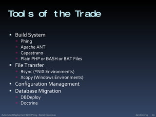 Tools of the TradeBuild SystemPhingApache ANTCapastranoPlain PHP or BASH or BAT FilesFile TransferRsync (*NIX Environments)Xcopy (Windows Environments)Configuration ManagementDatabase MigrationDBDeployDoctrineZendCon '09Automated Deployment With Phing - Daniel Cousineau19