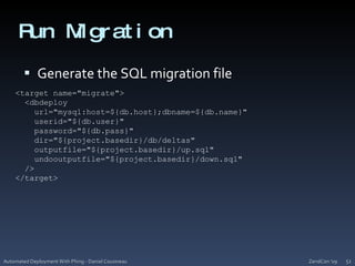 Run MigrationGenerate the SQL migration fileZendCon '09Automated Deployment With Phing - Daniel Cousineau51<target name="migrate">  <dbdeployurl="mysql:host=${db.host};dbname=${db.name}"userid="${db.user}"    password="${db.pass}"    dir="${project.basedir}/db/deltas"outputfile="${project.basedir}/up.sql"undooutputfile="${project.basedir}/down.sql"  /></target>