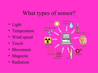 What types of sensor? Light Temperature Wind speed Touch Movement Magnetic Radiation 