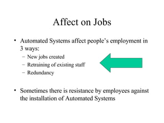 Affect on Jobs Automated Systems affect people’s employment in 3 ways: New jobs created Retraining of existing staff Redundancy Sometimes there is resistance by employees against the installation of Automated Systems 
