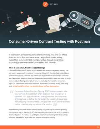 Consumer-Driven Contract Testing with Postman
9
In this section, we’ll address some of these missing links and see where
P...