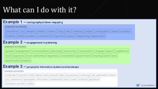 @CaitlinHafferty
Example 1 – cartography/citizen mapping
Example 2 – engagement in planning
Example 3 – geographic information systems and landscape
What can I do with it?
 