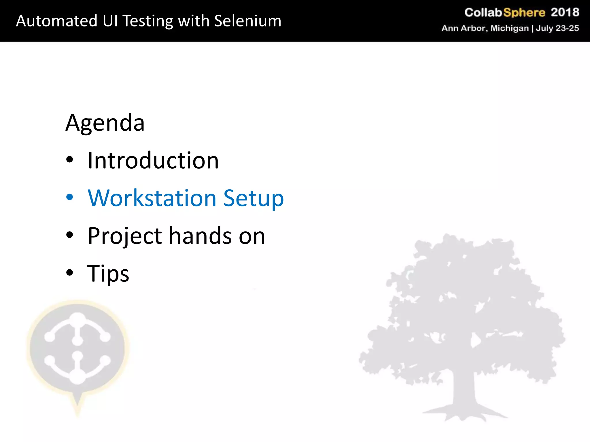 Agenda
• Introduction
• Workstation Setup
• Project hands on
• Tips
Automated UI Testing with Selenium
 